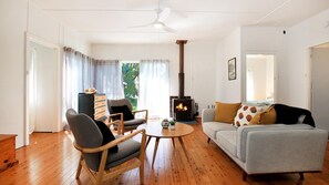 Téléviseur, foyer, lecteur de DVD, livres