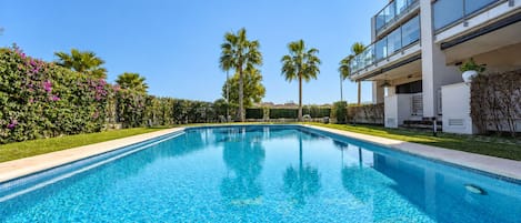 A clear swimming pool with a tiled edge, surrounded by lush greenery and palm trees.
