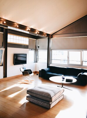 TV, music library, video library, stereo