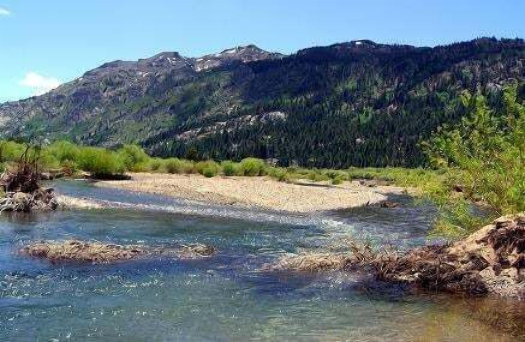 Ein Fluss fließt durch eine gebirgige Landschaft mit klarem Wasser und steinernen Ufern.