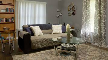 Smart TV, fireplace, books, printers