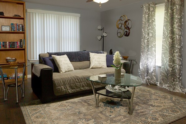 Smart TV, fireplace, books, printers