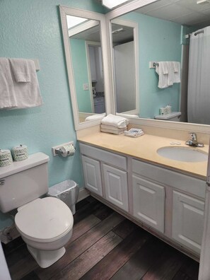 Combined shower/bathtub, hair dryer, towels, soap