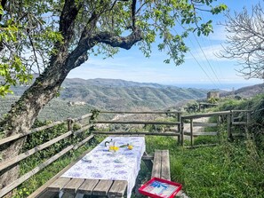 A picnic table set up on a hillside with a scenic view of the countryside.