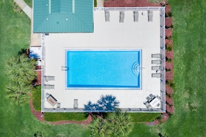 Vue aérienne d’une piscine de forme rectangulaire, entourée d’une clôture blanche et ombragée par des palmiers.