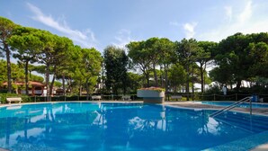 A clear blue swimming pool surrounded by trees and a bench.