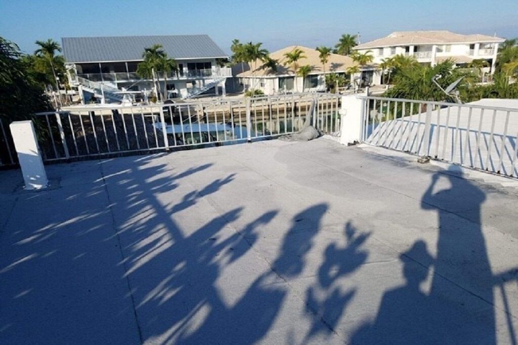 A gated area with a concrete floor, palm trees, and buildings in the background.