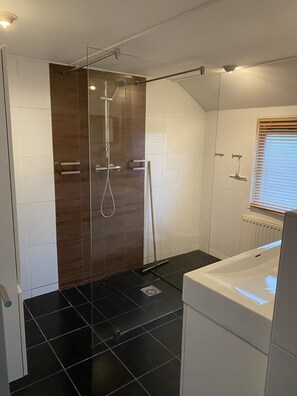 Douche, sèche-cheveux, serviettes fournies, savon