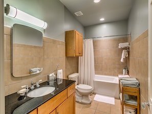 Combined shower/tub, hair dryer, towels, soap