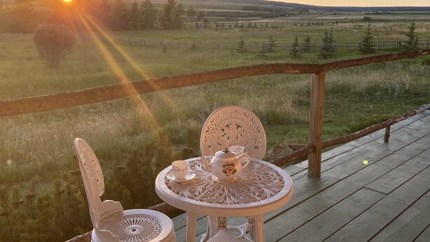 Une terrasse en bois agrémentée de deux chaises blanches au design élaboré et d’une petite table, d’où l’on peut admirer un paysage verdoyant avec une clôture et des arbres.