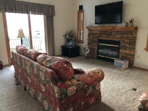 Smart TV, chimenea y libros