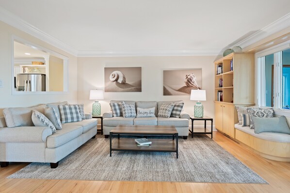 Smart TV, fireplace, books, printers