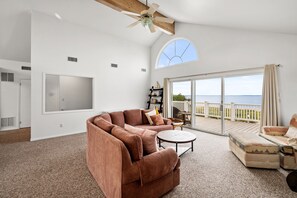 Smart TV, fireplace, books, printers