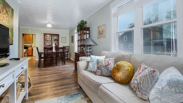 A living room with a sofa, TV, and dining area. - Dog friendly one bedroom house close to everything! (Manistee)