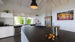 A modern kitchen with a large island, stainless steel appliances, and a painting of a colorful building on the wall. - Sugarbird Villa - Estate Coral (Rif. St. Marie)