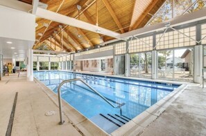 Une piscine intérieure dotée d’un plafond en bois et de grandes fenêtres.