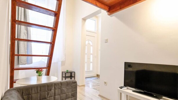 Un salón con un sofá, un televisor sobre un mueble bajo, una mesita con una planta y una escalera de madera apoyada en la pared.