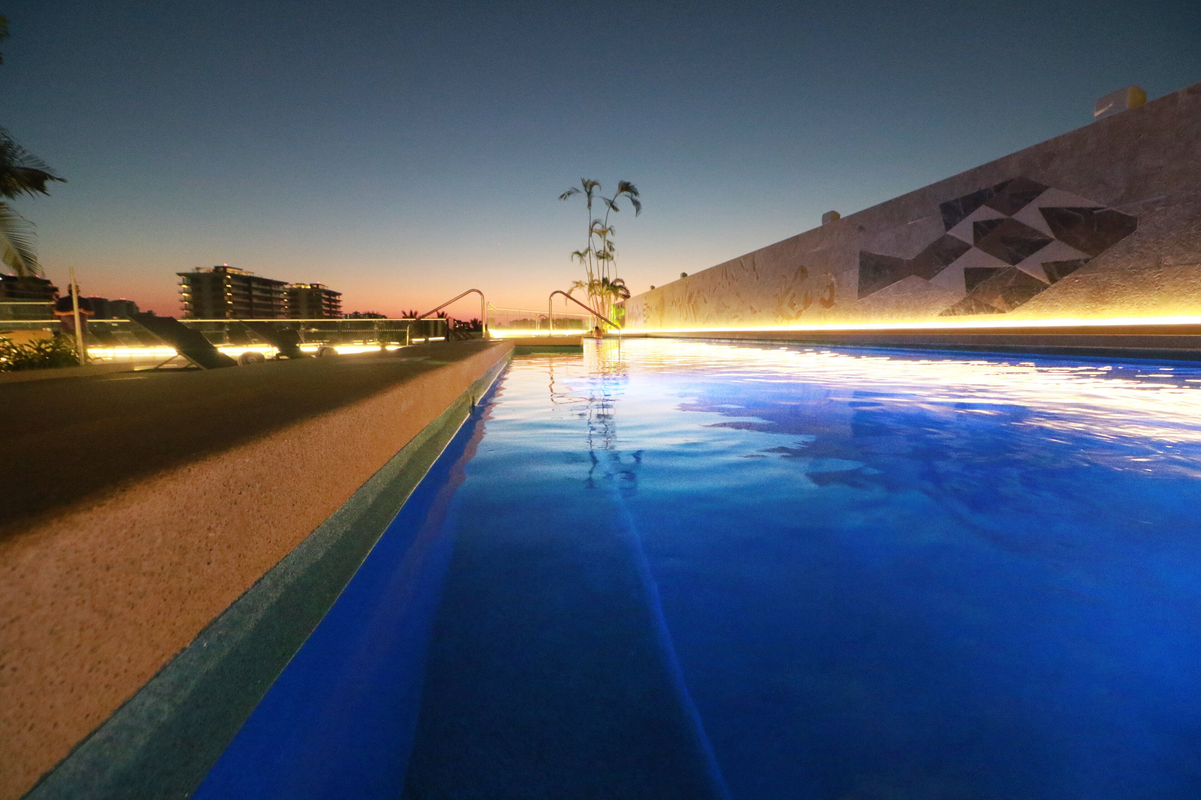 A swimming pool with a geometric wall design, a palm tree, and a building in the background.
