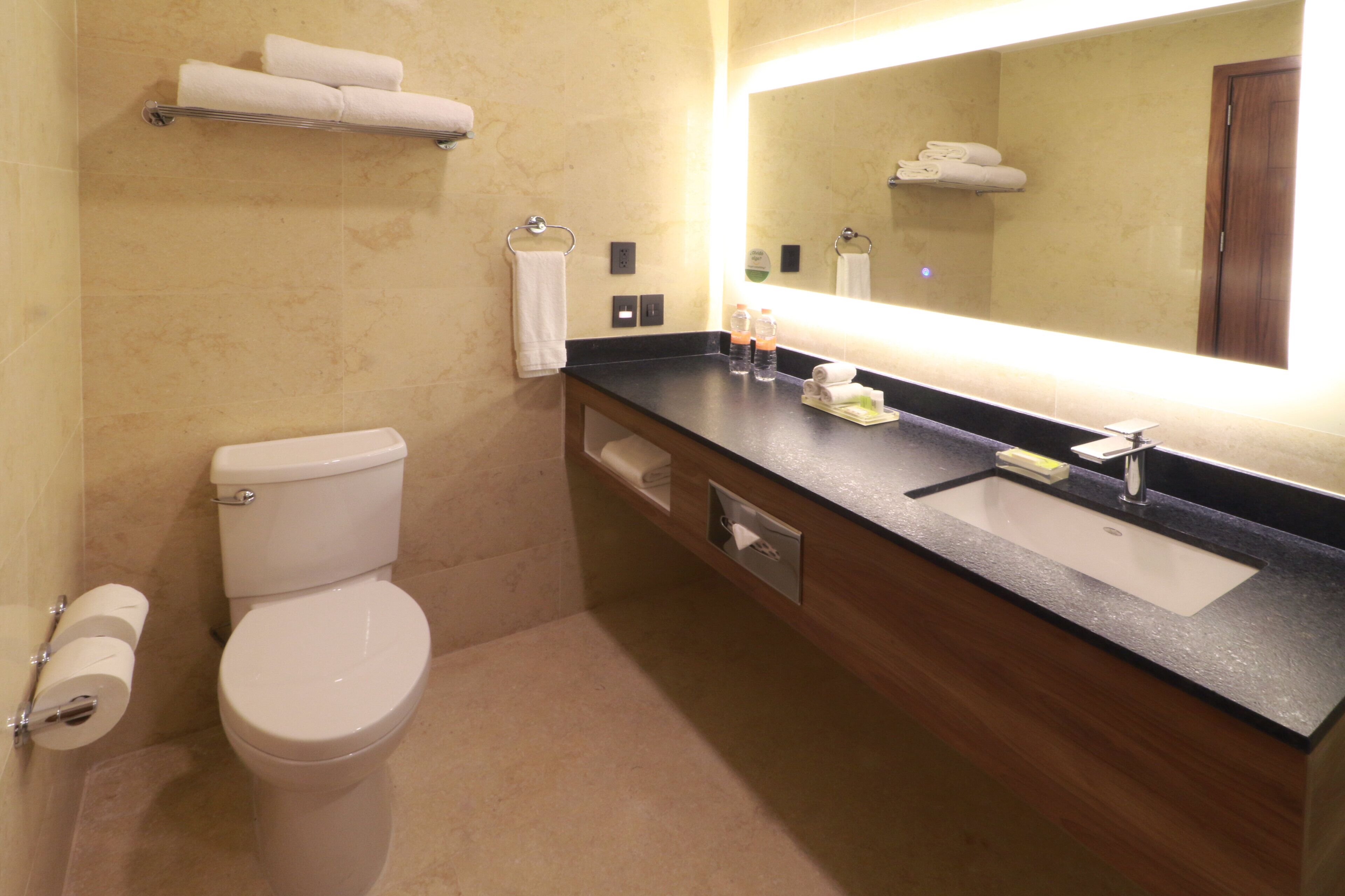 A bathroom with a toilet, sink, mirror, and towel rack.