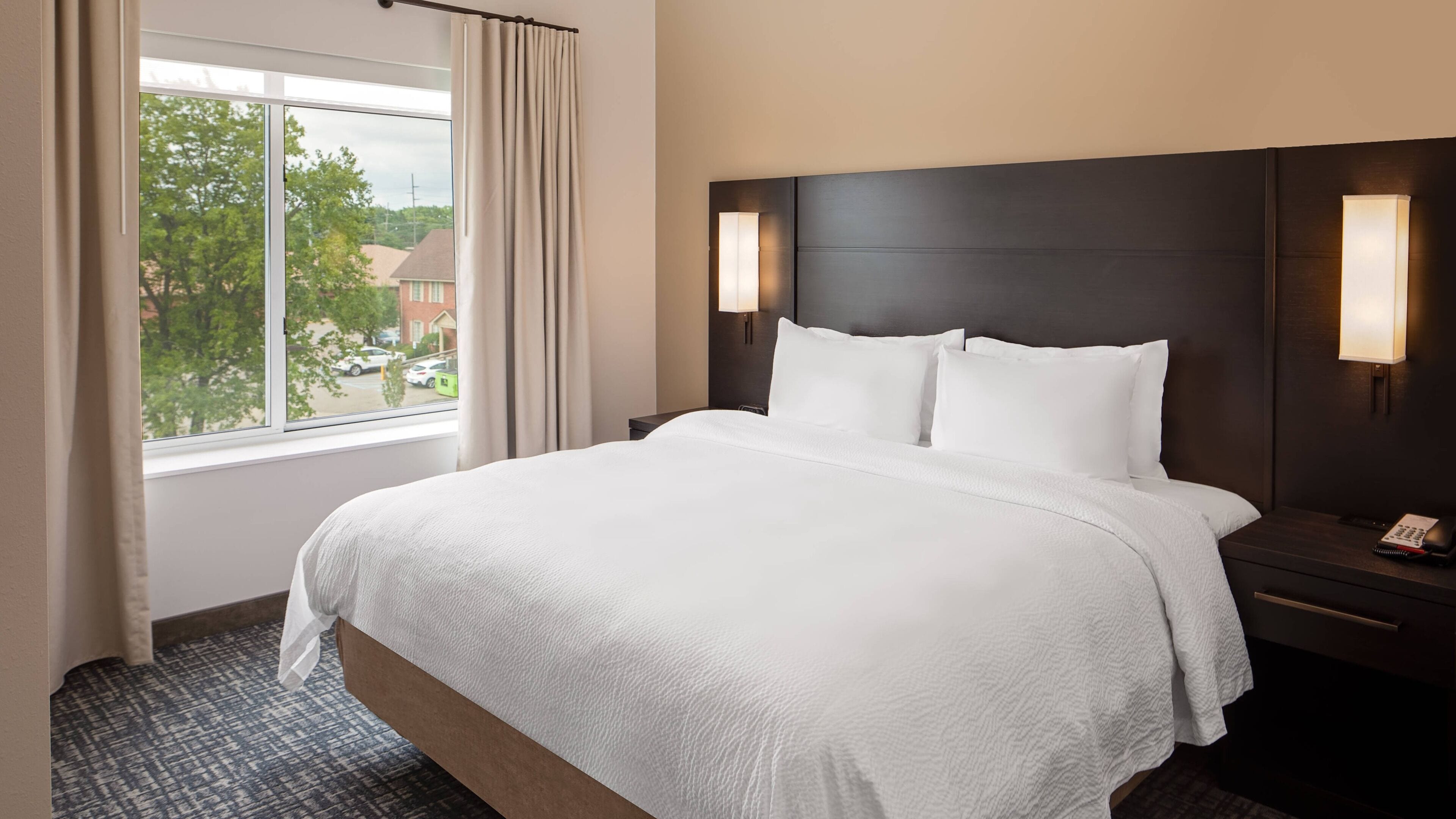 desk, laptop workspace, blackout curtains, iron/ironing board