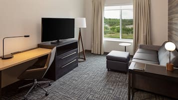 A hotel room with a desk, a television, a sofa, a lamp, and a view of greenery through the window.