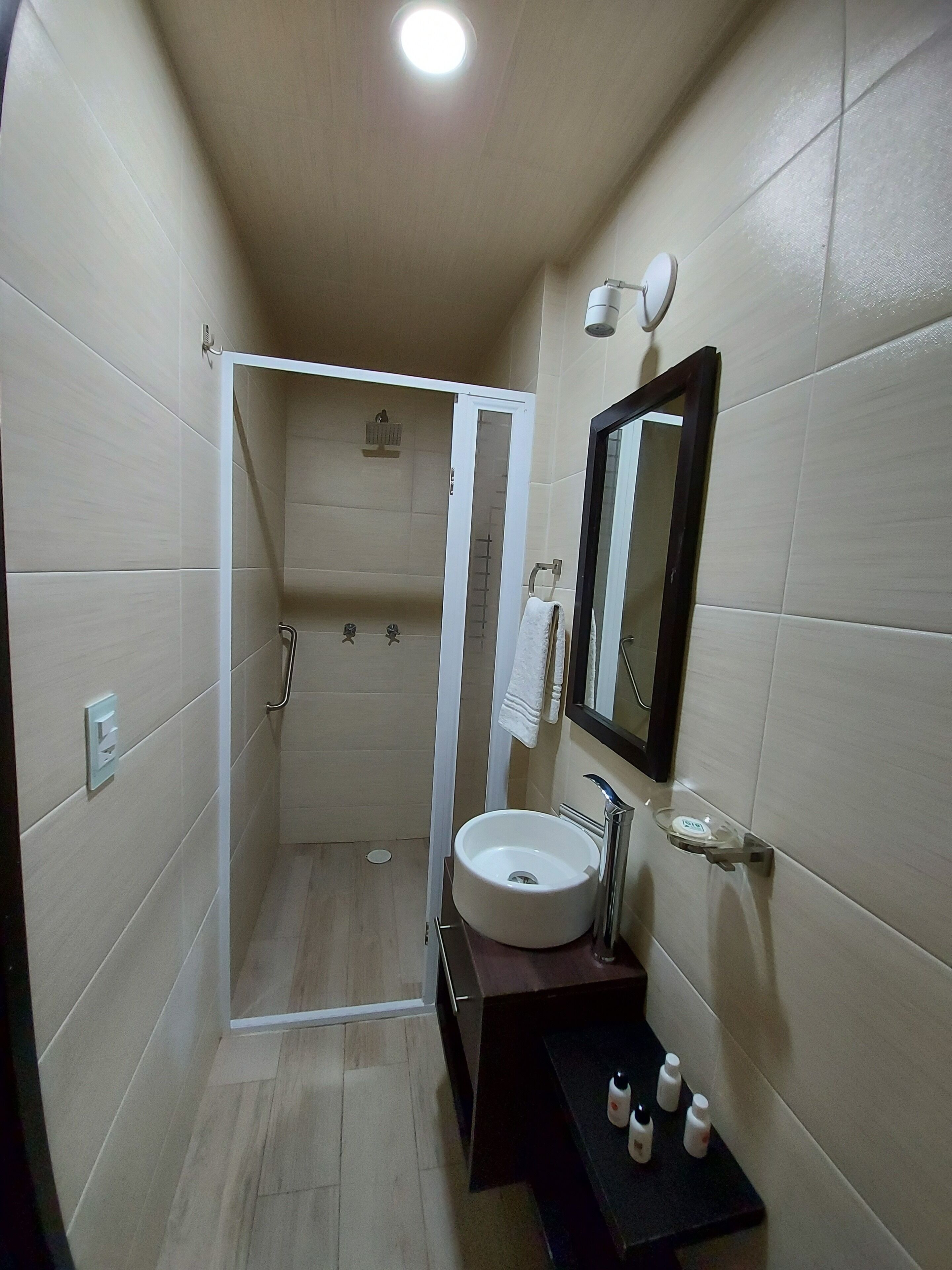 A bathroom with a walk-in shower, a sink with a mirror, and toiletries on a shelf.
