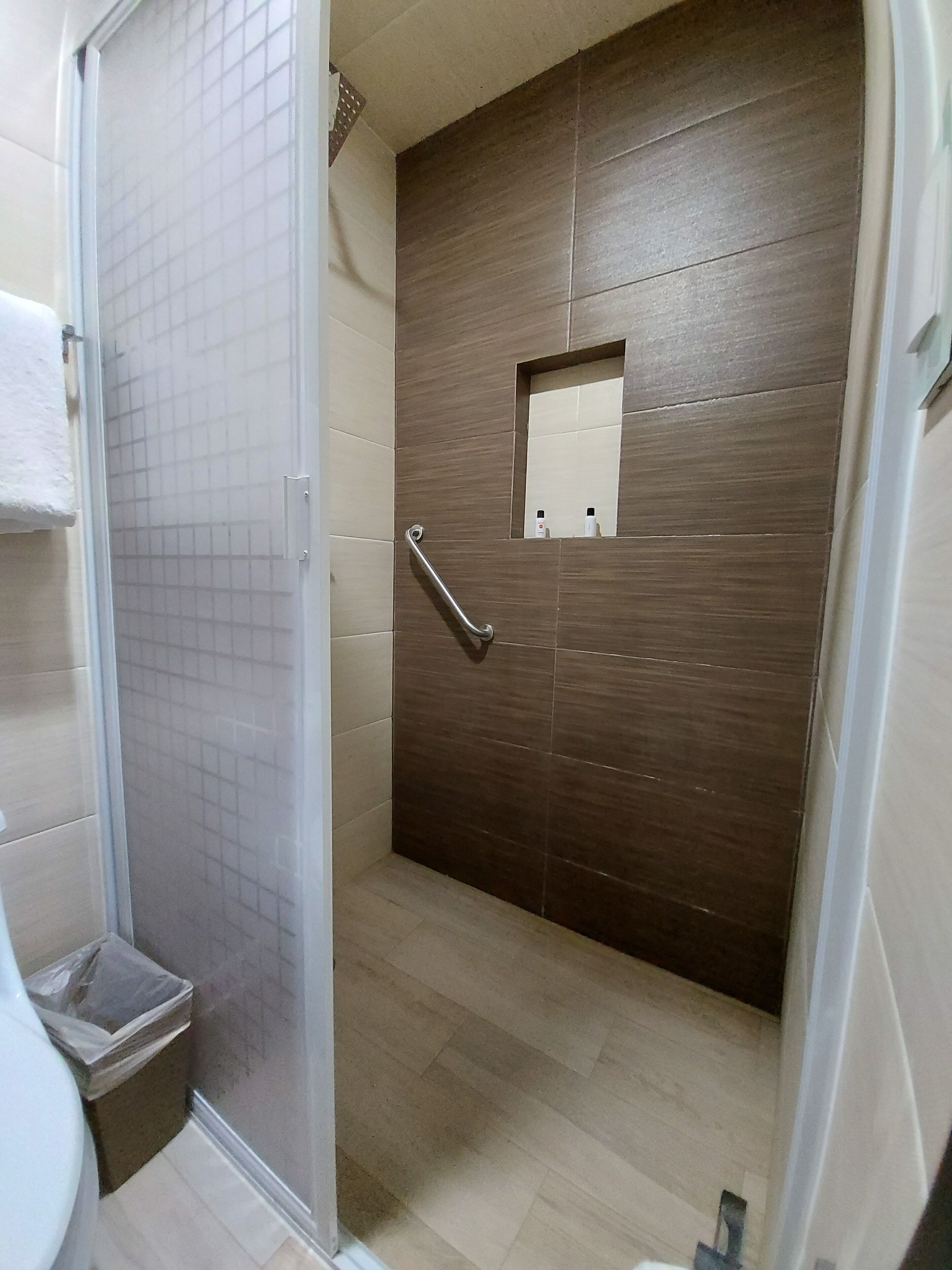 A bathroom with a shower, a toilet, and a small mirror.