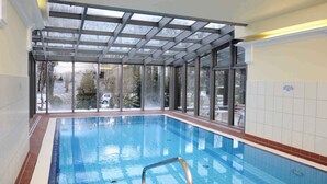 An indoor swimming pool with a glass ceiling, large windows, and a clear view of the outside. - Holiday home with WIFI and terrace (Damp)