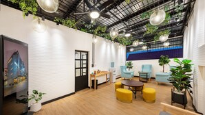 Un intérieur moderne avec des murs en briques blanches, un plancher en bois et des plantes vertes suspendues au plafond. On y trouve des chaises jaunes et bleues, une table en bois et un téléviseur sur le côté gauche.