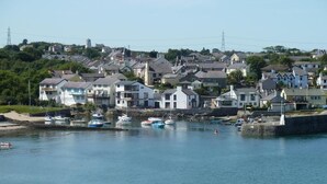 A coastal town with houses along the waterfront, a marina with several boats, and a clear view of the sea.