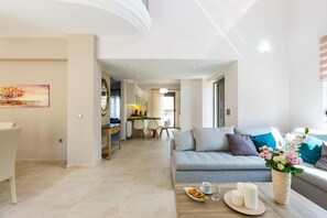 Comfort Villa, 4 Bedrooms | Living area | 42-inch flat-screen TV with satellite channels, TV, fireplace - Peris Villa (Chania)
