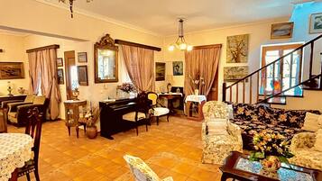 Tv, eldstad och böcker