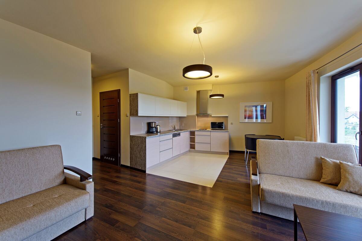 A modern living room with a sofa, a dining table, and a kitchen area with cabinets and a coffee machine.