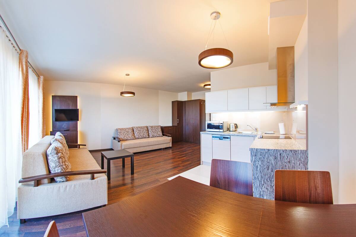 A modern living room with a sofa, dining table, and kitchen area.