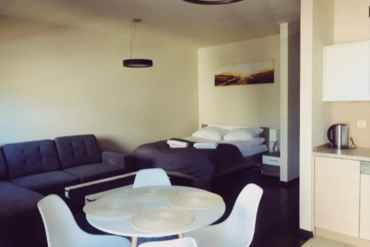 A compact hotel room with a sofa, a bed with pillows, a small table with chairs, a kitchen area, and a painting on the wall.