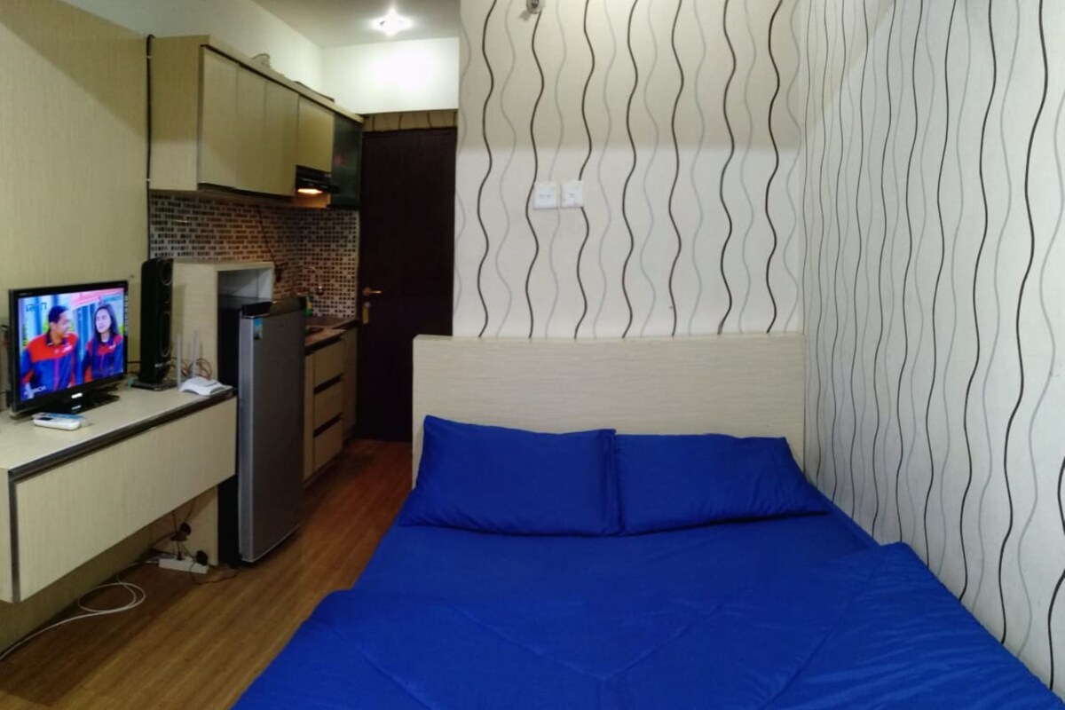 Een slaapkamer met een bed, een televisie en een kitchenette.