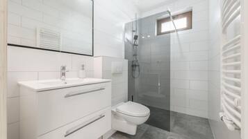 Shower, rainfall showerhead, hair dryer, towels