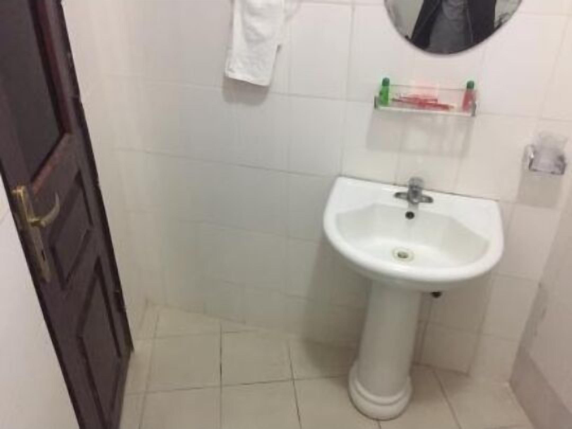 Une salle de bain avec un lavabo sur colonne blanc, un miroir au-dessus et une petite étagère contenant des articles de toilette.
