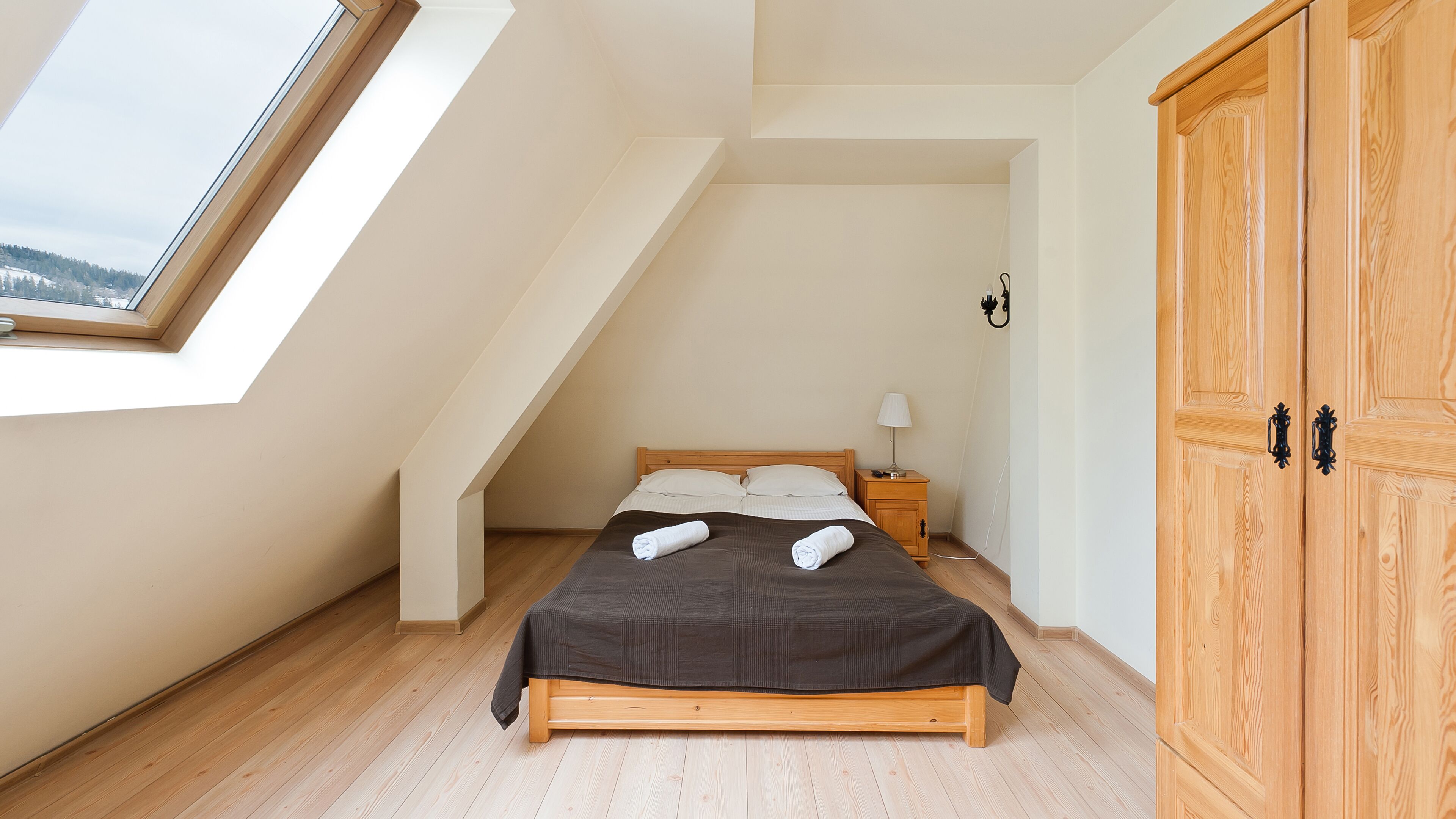A bedroom with a sloped ceiling, a wooden bed, a nightstand, a wardrobe, and a skylight.