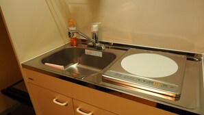 A compact kitchen with a sink, a small countertop, and a compact microwave.