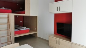 Una habitación con literas, un televisor y un armario.
