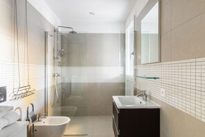 Shower, hair dryer, bidet, towels