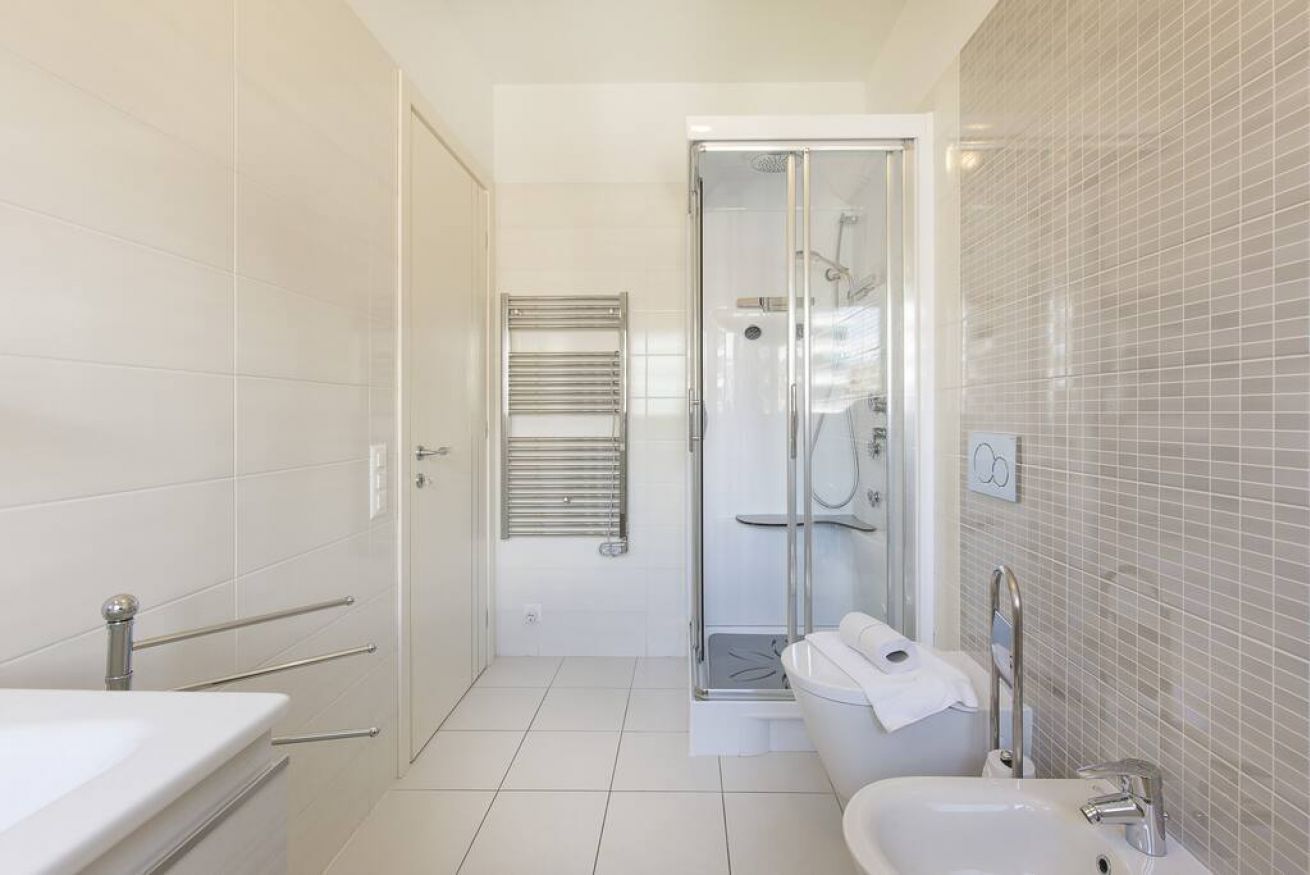 Shower, hair dryer, bidet, towels