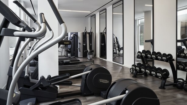 A modern gym with cardio machines, weightlifting equipment, and a mirror wall. - Mare Paphos (Kissonerga)