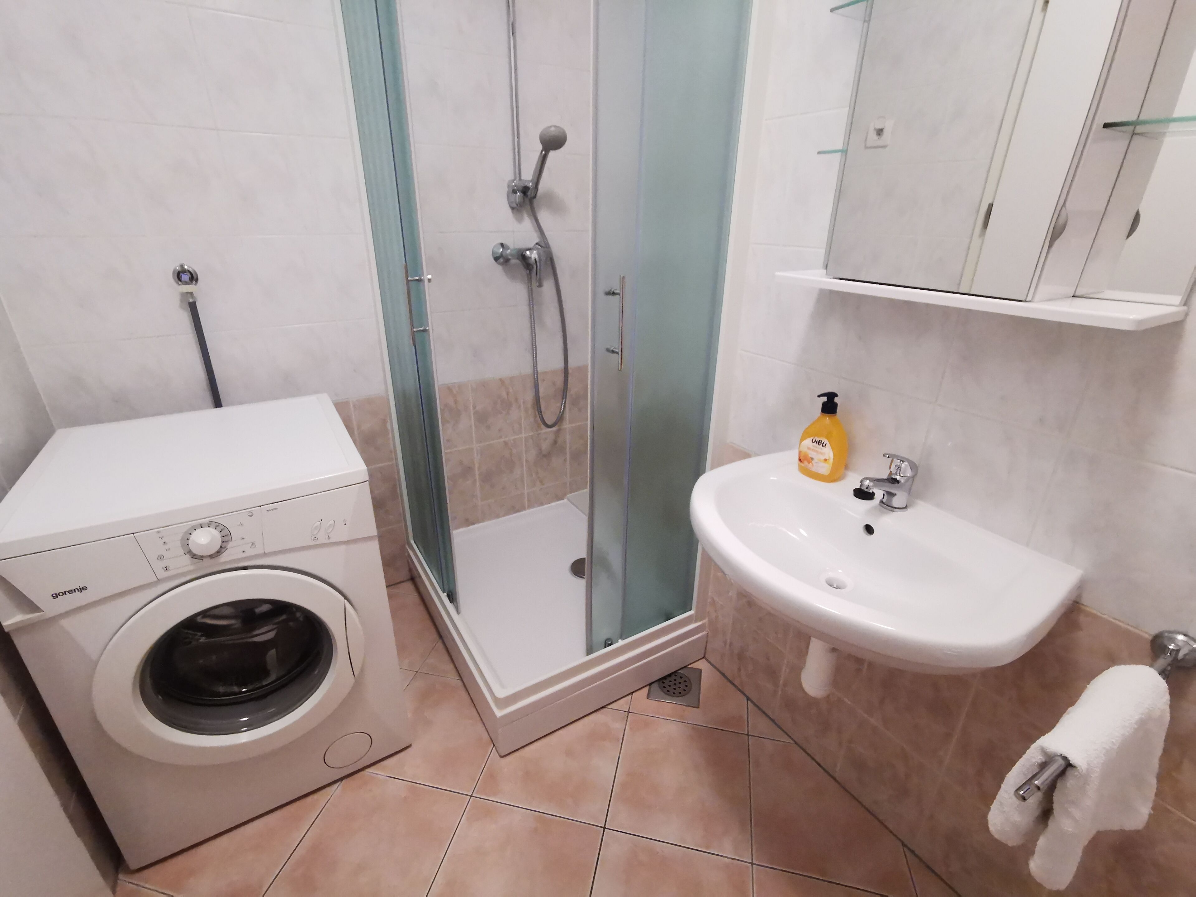 A compact bathroom with a washing machine, a glass-enclosed shower, and a sink with a bottle of soap.