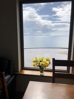 A window with a view of the sea and a vase of yellow flowers on a table.