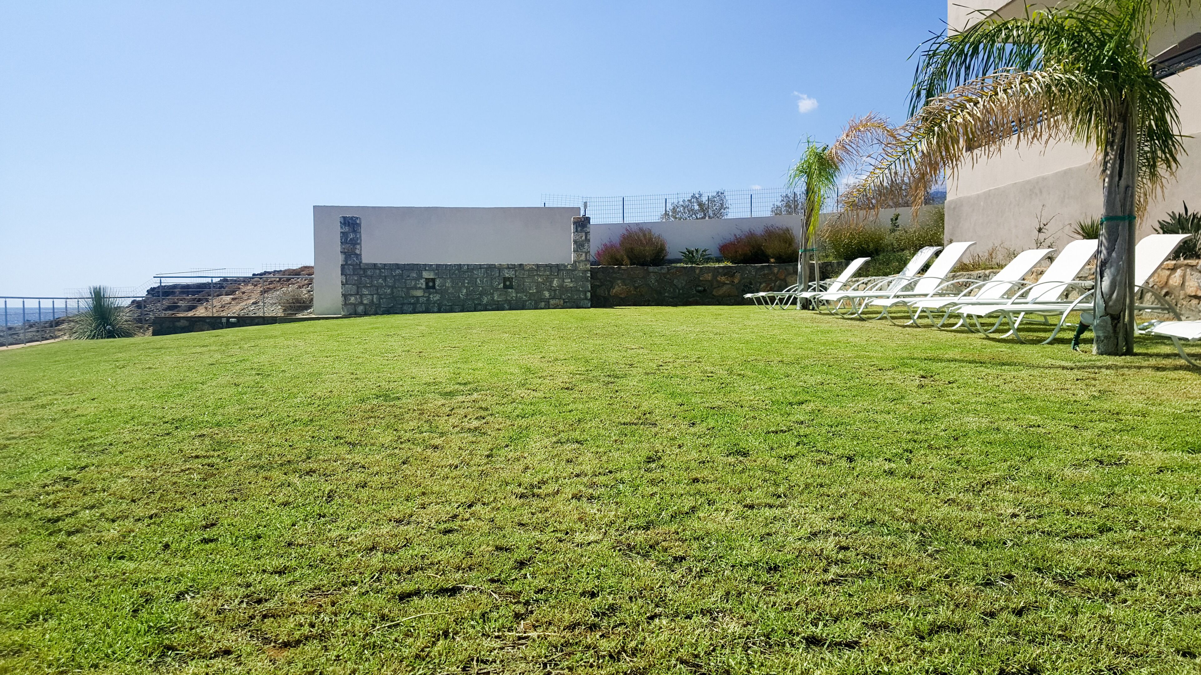 A grassy outdoor area with white lounge chairs, a stone wall, and a building with a white facade.