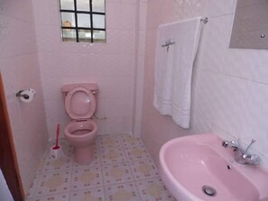 Shower, free toiletries, towels, soap