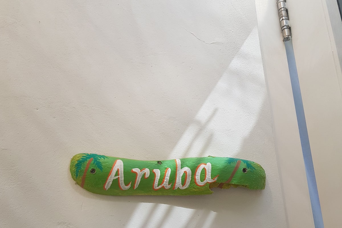 A green object with the word "Aruba" painted on it, placed on a white surface.