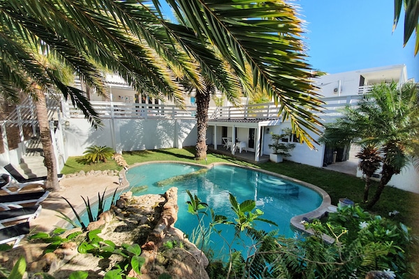 Outdoor pool, open 9:00 AM to 10:00 PM, pool umbrellas, sun loungers